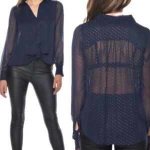 Bardot Sheer Blue w Silver Dot Button Up Blouse Size Large